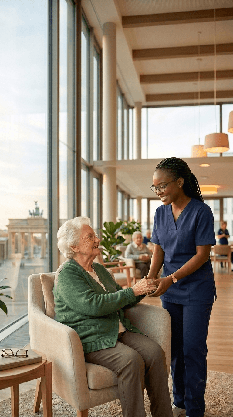 Pflegekraft mit Patientin, Blick auf das Brandenburger Tor